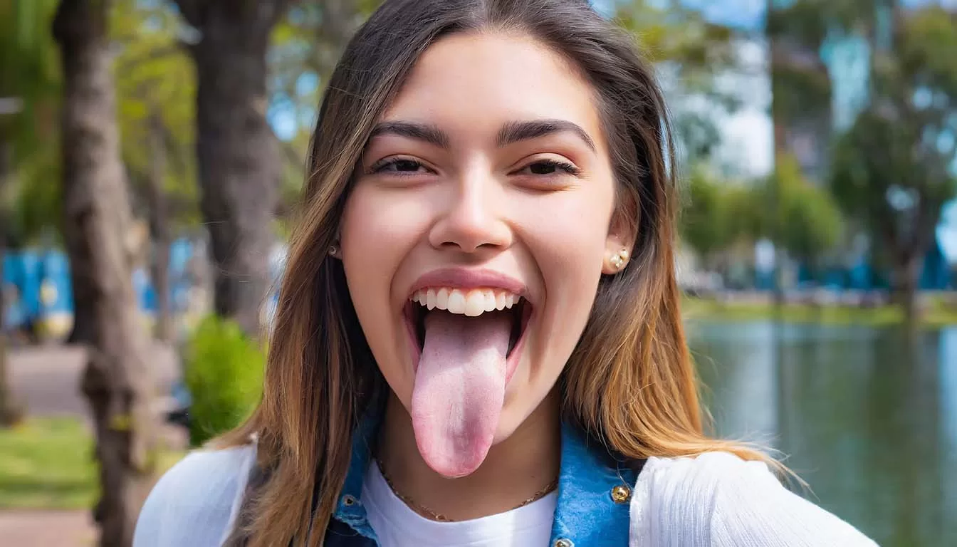 Mujer joven mostrando su lengua